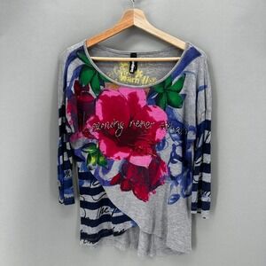 Desigual Womens Small Top‎ Floral Graphic Beaded Striped Artsy Boho Lagenlook